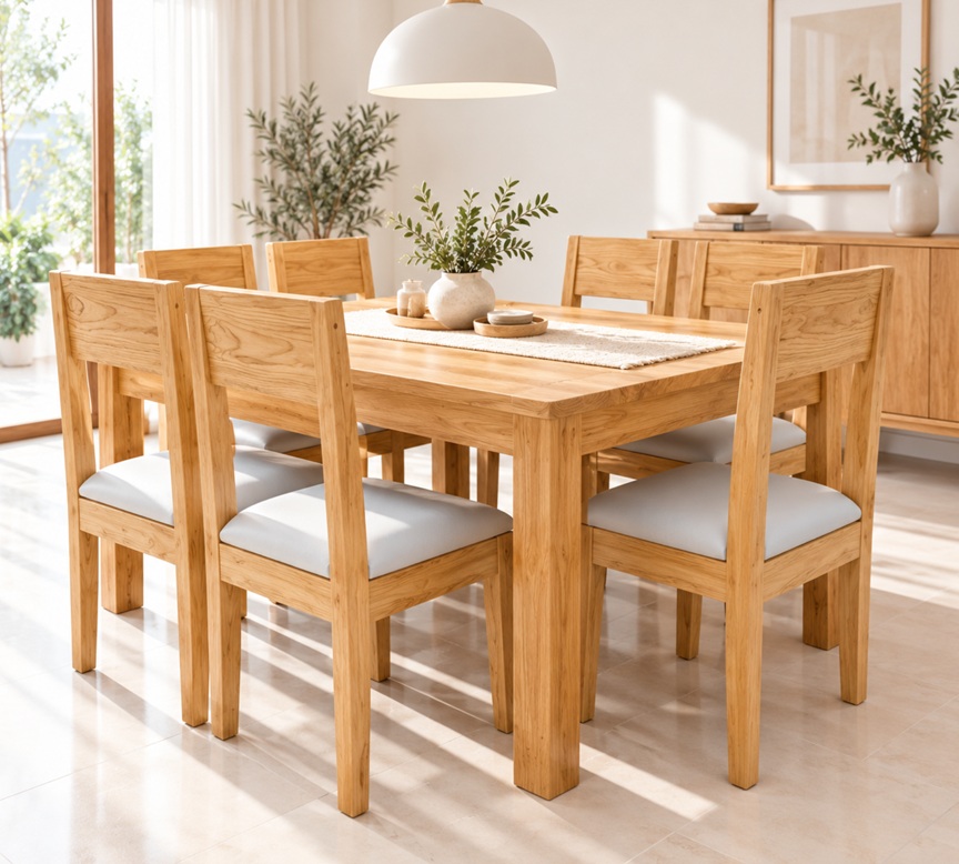 ชุดโต๊ะอาหารสีสักฟอก 6 ที่นั่งพร้อมเบาะนั่งสบาย TE145 (เปลี่ยนสีเบาะได้) - Image 2